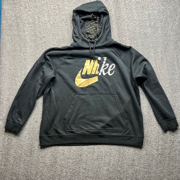 Nike Tops - Nike Hoodie Womens 2X Black Gold Silver Graphic Logo Pullover CI1775-010